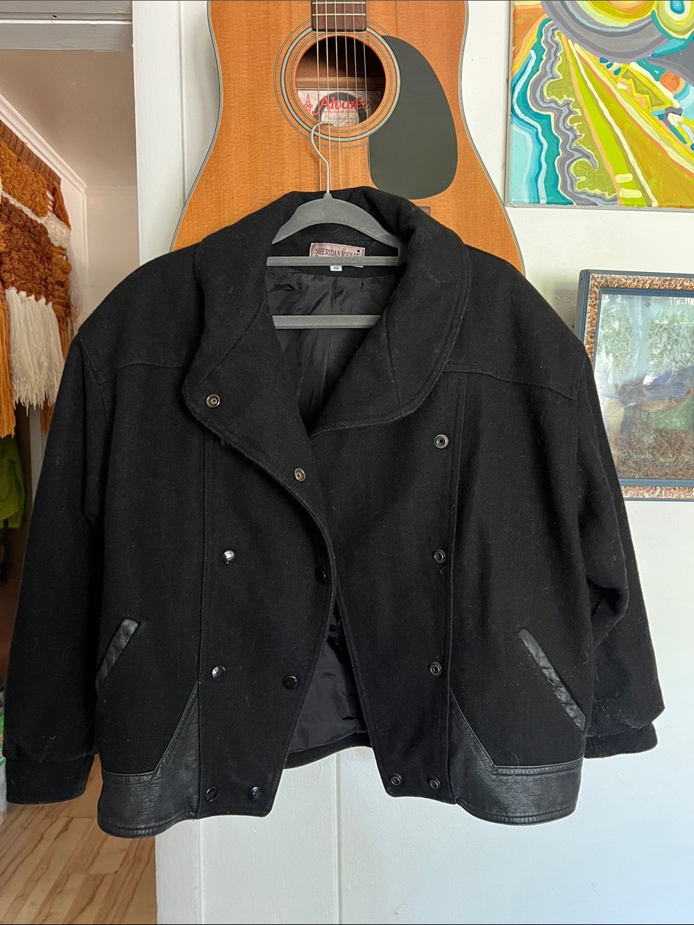 Vintage Women's Black Wool Peacoat with Leather Trim Relaxed Shawl Collar Small